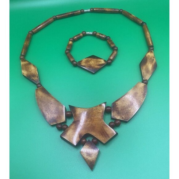 Unbranded Jewelry - Vintage Necklace Bracelet Set Burled Wood Statement 20" Bib Beaded Barrel Close